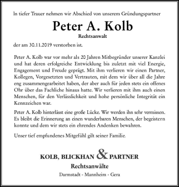 Traueranzeige von Peter A. Kolb von vrm-trauer Traueranzeige von Peter A. Kolb von vrm-trauer
