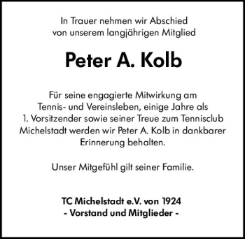 Traueranzeige von Peter A. Kolb von vrm-trauer Traueranzeige von Peter A. Kolb von vrm-trauer