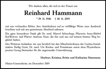 Traueranzeige von Reinhard Hammann von vrm-trauer