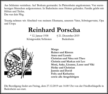 Traueranzeige von Reinhard Porscha von vrm-trauer