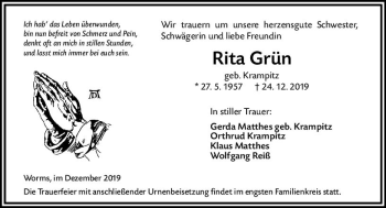 Traueranzeige von Rita Grün von vrm-trauer