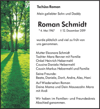 Traueranzeige von Roman Schmidt von vrm-trauer