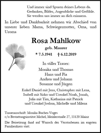 Traueranzeige von Rosa Mahlkow von vrm-trauer