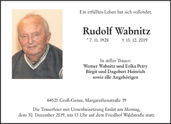 Traueranzeige von Rudolf Wabnitz von vrm-trauer
