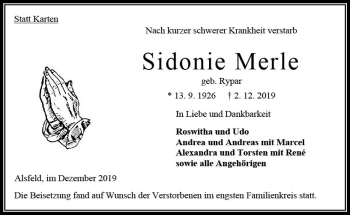 Traueranzeige von Sidonie Merle von VRM Trauer