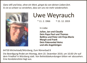 Traueranzeige von Uwe Weyrauch von vrm-trauer