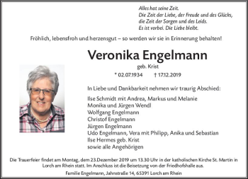 Traueranzeige von Veronika Engelmann von vrm-trauer
