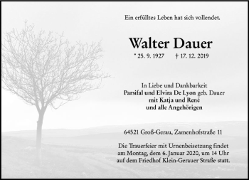 Traueranzeige von Walter Dauer von vrm-trauer