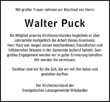 Traueranzeige von Walter Puck von vrm-trauer