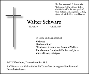 Traueranzeige von Walter Schwarz von vrm-trauer
