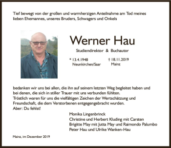 Traueranzeige von Werner Hau von vrm-trauer