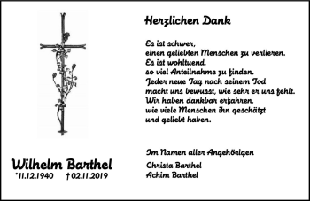 Traueranzeige von Wilhelm Barthel von vrm-trauer
