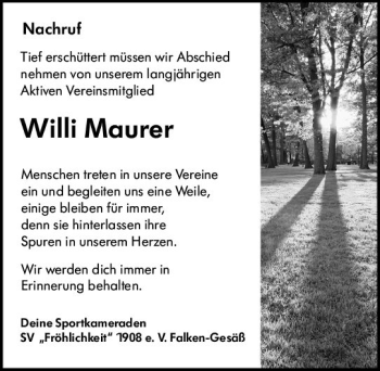 Traueranzeige von Willi Maurer von vrm-trauer