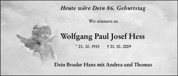Traueranzeige von Wolfgang Paul Josef Hess von vrm-trauer