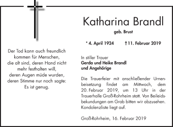 Traueranzeige von Katharina Brandl von VRM Tageszeitungen