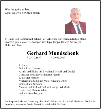 Traueranzeige von Gerhard Mundschenk von vrm-trauer