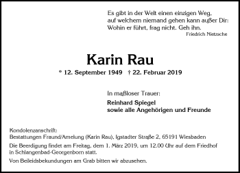Traueranzeige von Karin Rau von VRM Tageszeitungen