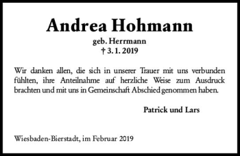 Traueranzeige von Andrea Hohmann von vrm-trauer