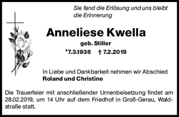 Traueranzeige von Anneliese Kwella von vrm-trauer