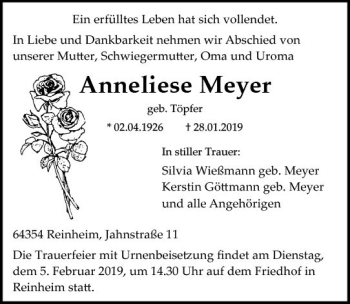 Traueranzeige von Anneliese Meyer von vrm-trauer