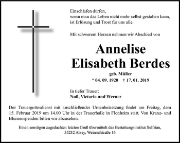 Traueranzeige von Annelise Elisabeth Berdes von vrm-trauer