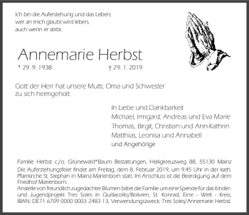 Traueranzeige von Annemarie Herbst von vrm-trauer