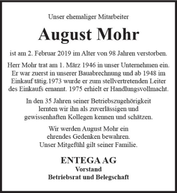 Traueranzeige von August Mohr von vrm-trauer