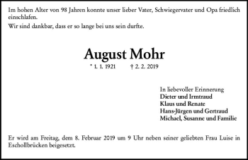 Traueranzeige von August Mohr von vrm-trauer