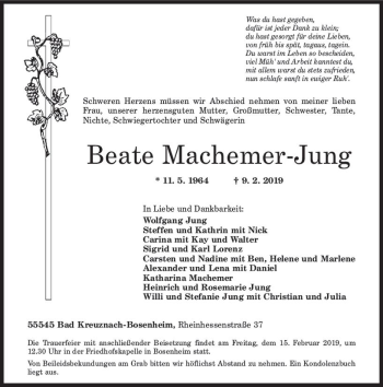 Traueranzeige von Beate Machemer-Jung von vrm-trauer