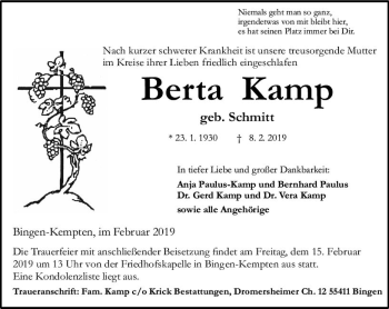 Traueranzeige von Berta Kamp von vrm-trauer