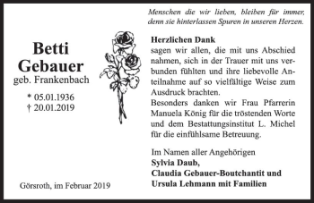 Traueranzeige von Betti Gebauer von vrm-trauer
