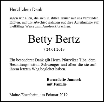 Traueranzeige von Betty Bertz von vrm-trauer
