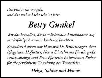 Traueranzeige von Betty Gunkel von vrm-trauer