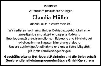 Traueranzeige von Claudia Müller von vrm-trauer