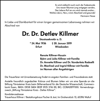 Traueranzeige von Detlev Killmer von vrm-trauer