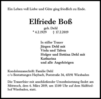 Traueranzeige von Elfriede Boss von vrm-trauer