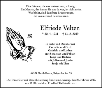 Traueranzeige von Elfriede Velten von vrm-trauer