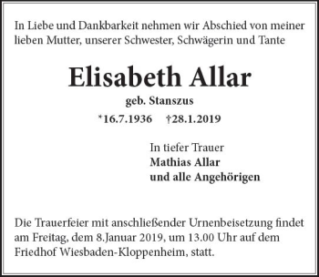 Traueranzeige von Elisabeth Allar von vrm-trauer