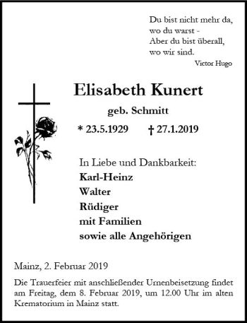 Traueranzeige von Elisabeth Kunert von vrm-trauer