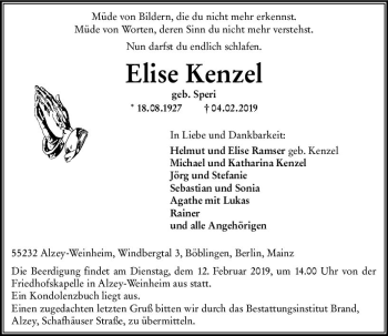 Traueranzeige von Elise Kenzel von vrm-trauer