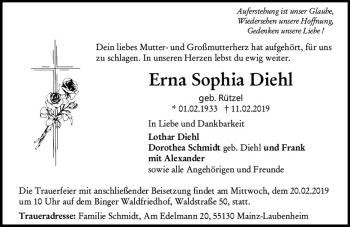 Traueranzeige von Erna Sophia Diehl von vrm-trauer