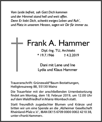 Traueranzeige von Frank A. Hammer von vrm-trauer