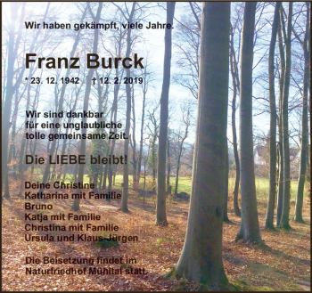 Traueranzeige von Franz Burck von vrm-trauer