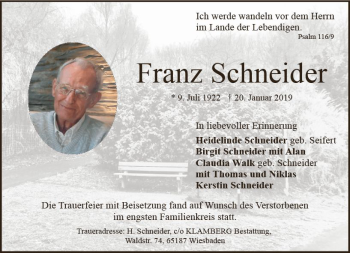 Traueranzeige von Franz Schneider von vrm-trauer