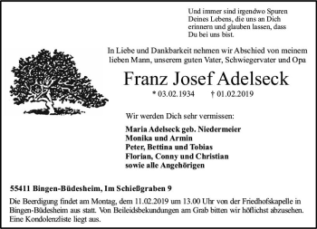 Traueranzeige von Franz Josef Adelseck von vrm-trauer