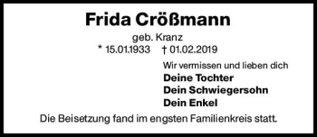 Traueranzeige von Frida Crößmann von vrm-trauer