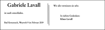 Traueranzeige von Gabriele Lavall von vrm-trauer