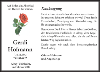 Traueranzeige von Gerdi Hofmann von vrm-trauer