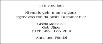 Traueranzeige von Gisela Mastalski von vrm-trauer