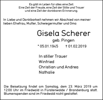 Traueranzeige von Gisela Scherer von vrm-trauer